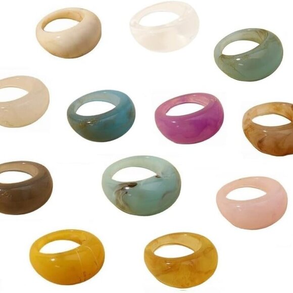 12 pcs Colorful Resin Rings Wide Thick Dome Knuckle Finger Stackable Joint Ring - Picture 1 of 6